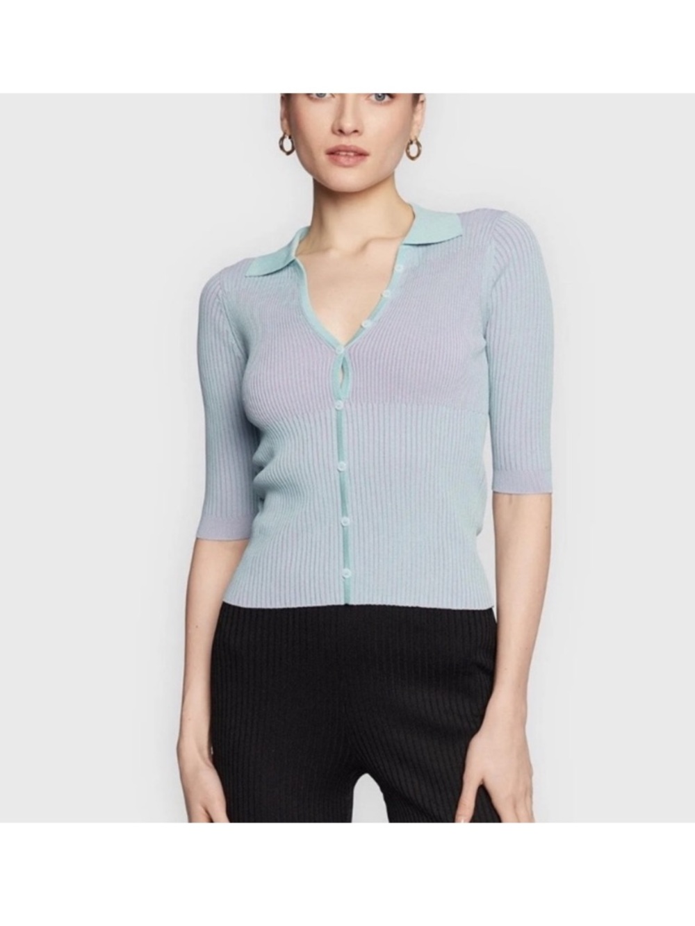 Guess Button Down Ribbed Knit Blouse Size Medium Mint Lavender Stretchy
